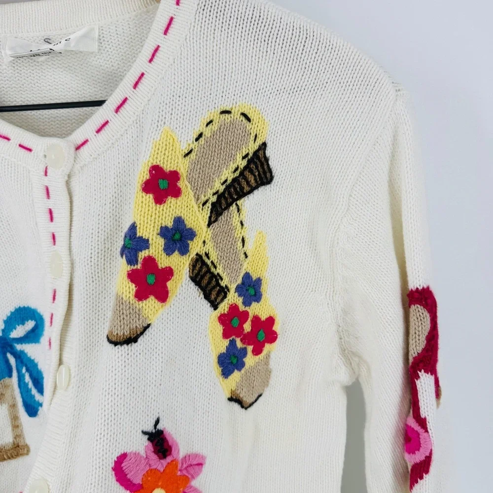 Vintage Thyme Cream Knit Cardigan Shoes Butterfly Novelty Size M Embroidered‎